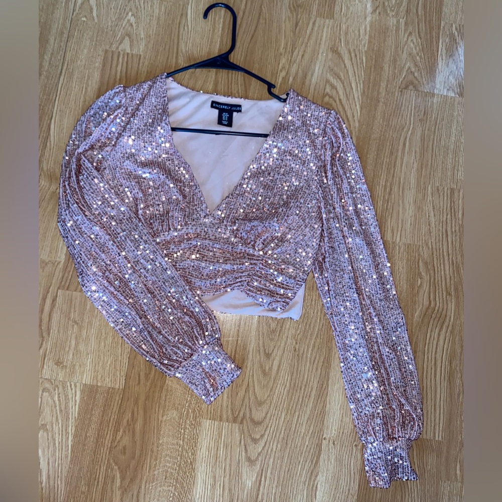 Sparkly Pink New Long Sleeve Crop V-Neck Top